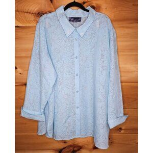 Susan Graver Women Plus Size 3X Blue Daisy Sheer Button Front Blouse Cuff Sleeve